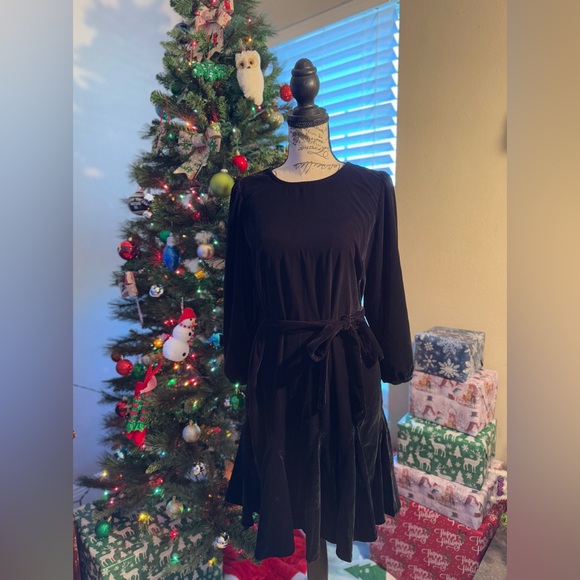 Loft XS Petite Black Velvet Flowing Godet Mini Dress W/ Tie 3/4 Sleeve 15x35 NWT - Picture 1 of 5